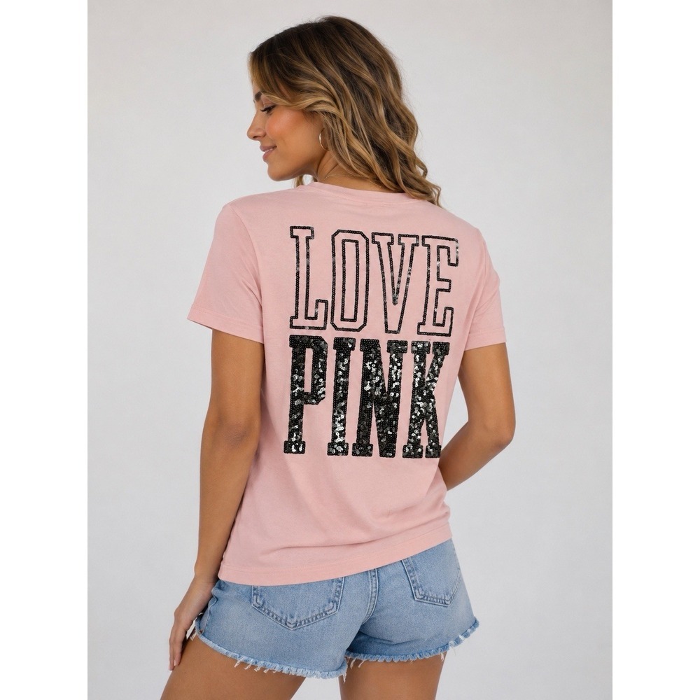 PINK Victoria's Secret Blush Pink Sequin LOVE Graphic Tee Shirt Women Small
